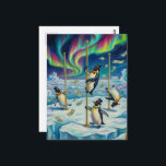 Fantasy Funny Dancing Penguins North Pole Briefkaart<br><div class="desc">A funny fantasy scene of penguins  dancing at the north pole with the northern lights in the sky silly AI generated art</div>