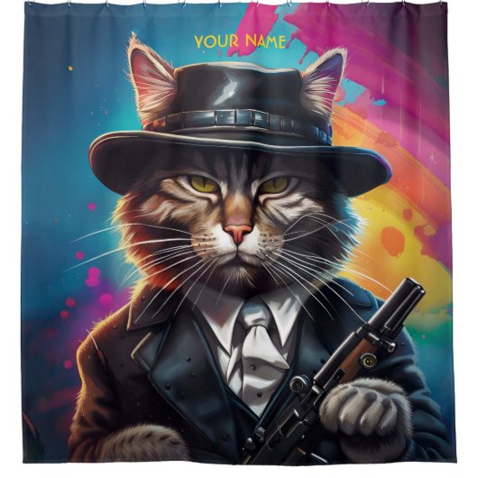 Fantasy Gangster Cat Pistool Douchegordijn (Voorkant)