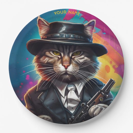 Fantasy Gangster Cat Pistool Papieren Bordje (Voorkant)