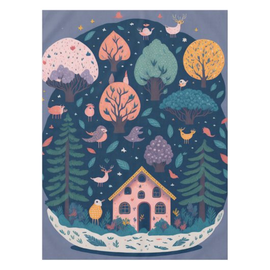 Fantasy garen bos vogels, en bomen tafelkleed (Voorkant)