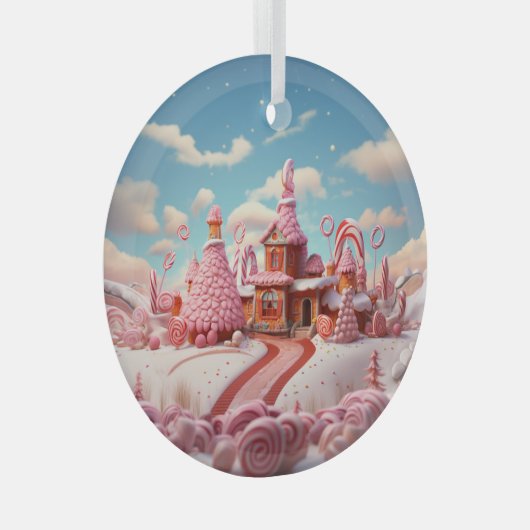 Fantasy Gingerbread Huis met Snoepjes 1 Glas Ornament (Voorkant Rechts)