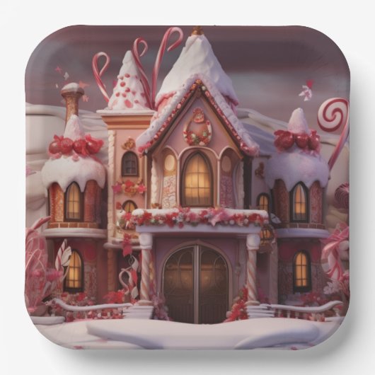 Fantasy Gingerbread Huis met Snoepjes 3 Papieren Bordje (Voorkant)