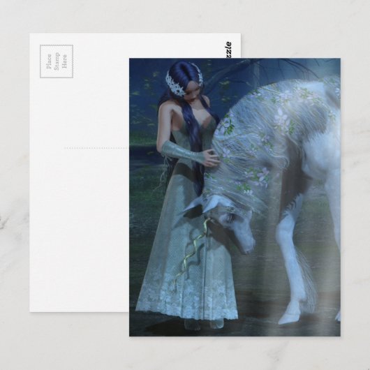 Fantasy Girl en Unicorn in de Moonlight Briefkaart (Voorkant / Achterkant)