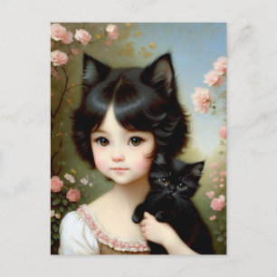 Fantasy Girl met Black Kitten - schilderen Briefkaart