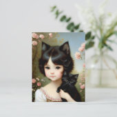Fantasy Girl met Black Kitten -  schilderen Briefkaart (Staand voorkant)