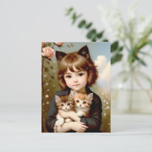 Fantasy Girl met Kittens -  schilderen Briefkaart (Staand voorkant)