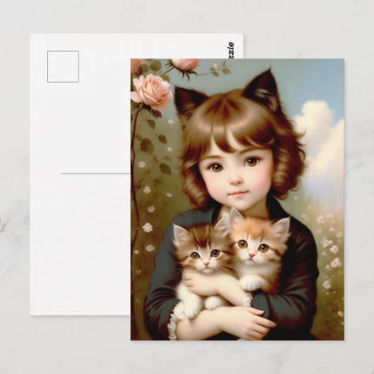 Fantasy Girl met Kittens -  schilderen Briefkaart (Voorkant / Achterkant)