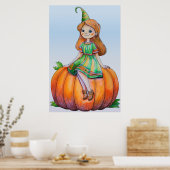 Fantasy Girl op een pompoen Poster (Keuken)