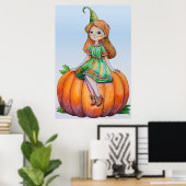 Fantasy Girl op een pompoen Poster (Thuiskantoor)
