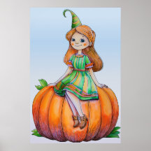 Fantasy Girl op een pompoen Poster