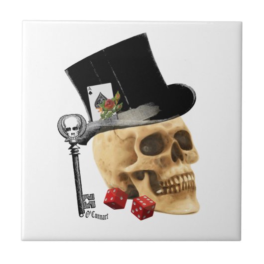 Fantasy Gothic gambler skull-tattoo Tegeltje (Voorkant)