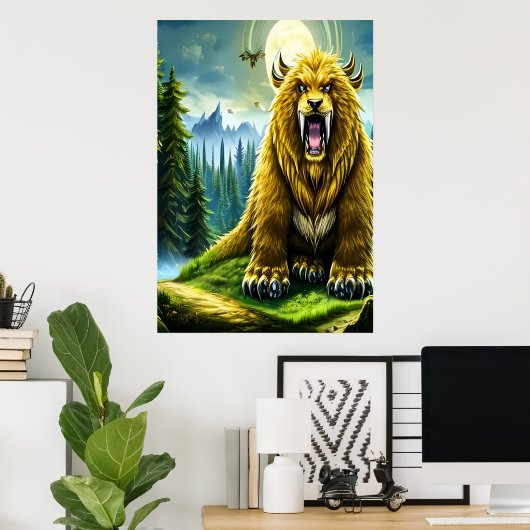 Fantasy gouden sabertooth beer | AI Art Poster (Thuiskantoor)