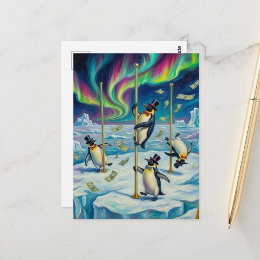 Fantasy Grappige Dansende Pinguïns Noordpool Briefkaart (Voorkant / Achterkant in situ)