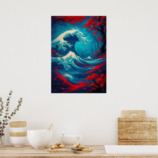 Fantasy Great Wave met kersenbloesems Poster (Keuken)