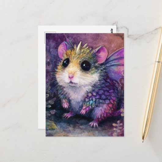 Fantasy Hamster Draak Waterverf Briefkaart (Voorkant / Achterkant in situ)