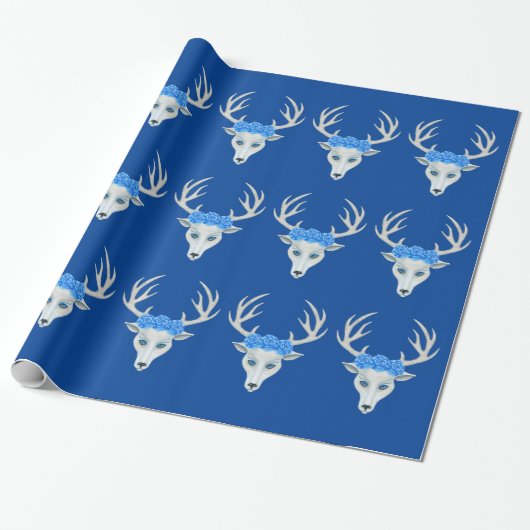 Fantasy Head of White Deer Blue Rozen Antlers Cadeaupapier (Uitgerold)