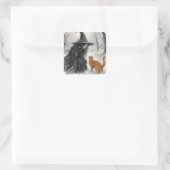 Fantasy Heks en Rode Kat in Winterbos Vierkante Sticker (Tas)