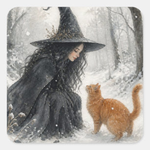 Fantasy Heks en Rode Kat in Winterbos Vierkante Sticker