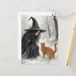 Fantasy Heks en Sinaaspoes in Winterbos Briefkaart