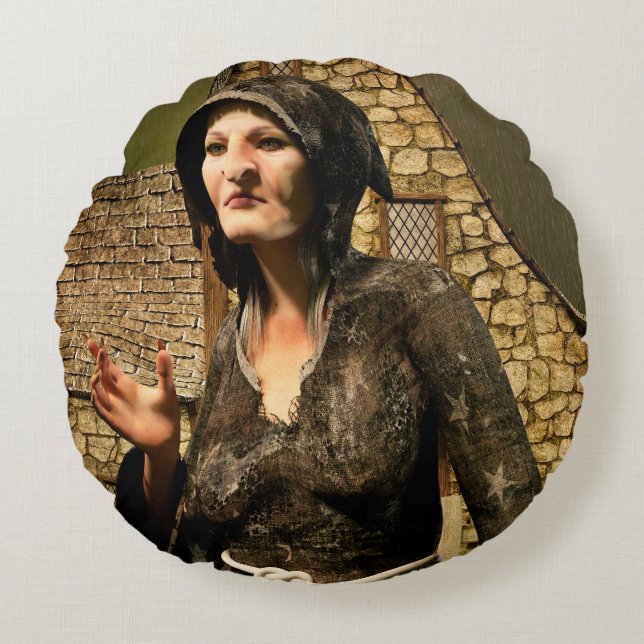 Fantasy Heks Middeleeuws Dorp Halloween Rond Kussen (Voorkant)