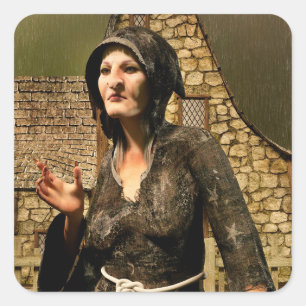 Fantasy Heks Middeleeuws Dorp Halloween Vierkante Sticker