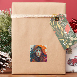 Fantasy Hooded Woman in Abstracte vlammen Vierkante Sticker