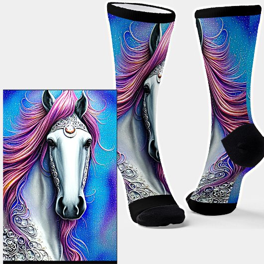 Fantasy Horse, Blue Mauve Pink Mane Silver Lace Sokken