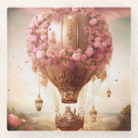 Fantasy Hot Air ballonroze Gold Glazen Onderzetter (Voorkant)