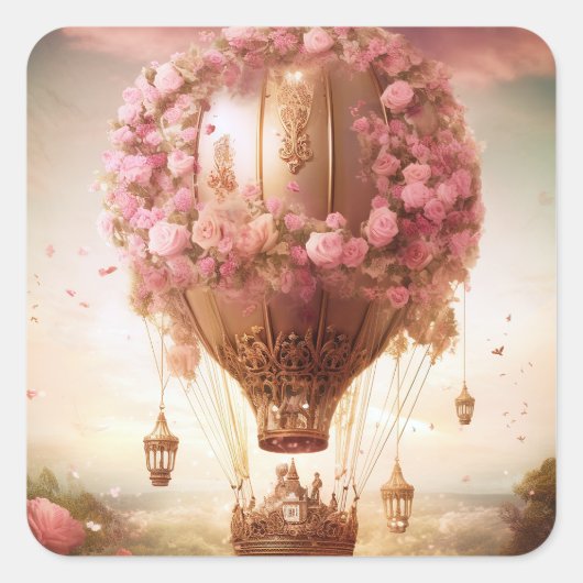 Fantasy Hot Air ballonroze Gold Vierkante Sticker (Voorkant)