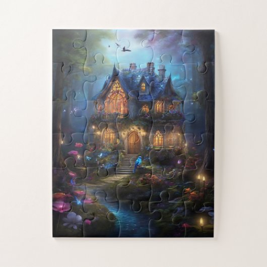 Fantasy huis bos sprookje huis magische lichten legpuzzel (Verticaal)