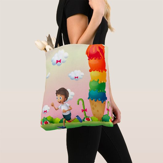 Fantasy Ice Cream Cone met Happy Running Boy Tote Bag