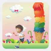 Fantasy Ice Cream Cone met Happy Running Boy Vierkante Sticker (Voorkant)