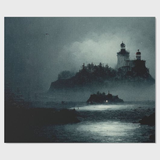 Fantasy Island Lighthouse Misty Foggy Dark Night Cadeaupapier (Vlak)
