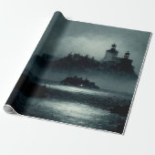 Fantasy Island Lighthouse Misty Foggy Dark Night Cadeaupapier (Uitgerold)