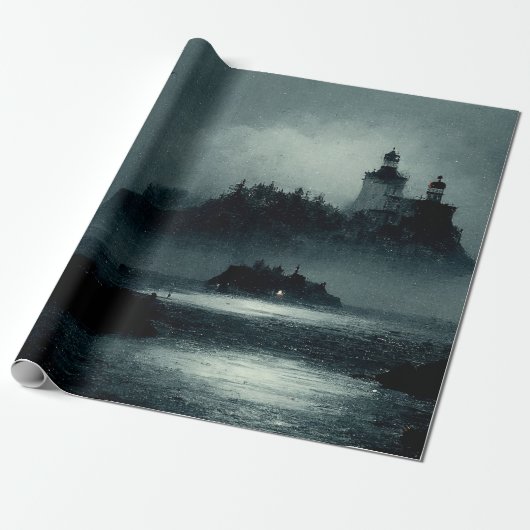 Fantasy Island Lighthouse Misty Foggy Dark Night Cadeaupapier (Uitgerold)
