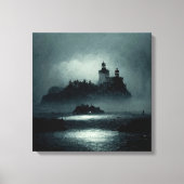 Fantasy Island Lighthouse Misty Foggy Dark Night Canvas Afdruk (Voorkant)