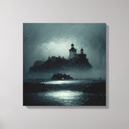 Fantasy Island Lighthouse Misty Foggy Dark Night Canvas Afdruk