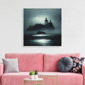 Fantasy Island Lighthouse Misty Foggy Dark Night Canvas Afdruk (Insitu (Woonkamer))