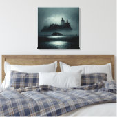 Fantasy Island Lighthouse Misty Foggy Dark Night Canvas Afdruk (Insitu (Slaapkamer))