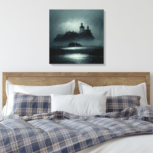 Fantasy Island Lighthouse Misty Foggy Dark Night Canvas Afdruk (Insitu (Slaapkamer))