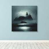 Fantasy Island Lighthouse Misty Foggy Dark Night Canvas Afdruk (Insitu (Houten vloer))