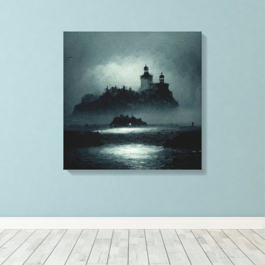 Fantasy Island Lighthouse Misty Foggy Dark Night Canvas Afdruk (Insitu (Houten vloer))