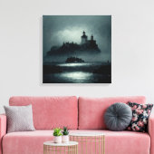 Fantasy Island Lighthouse Misty Foggy Dark Night Canvas Afdruk (Insitu (Woonkamer))