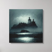 Fantasy Island Lighthouse Misty Foggy Dark Night Canvas Afdruk (Voorkant)
