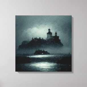 Fantasy Island Lighthouse Misty Foggy Dark Night Canvas Afdruk