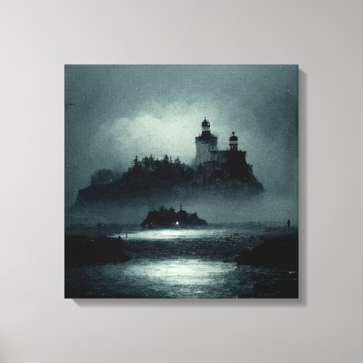 Fantasy Island Lighthouse Misty Foggy Dark Night Canvas Afdruk (Voorkant)