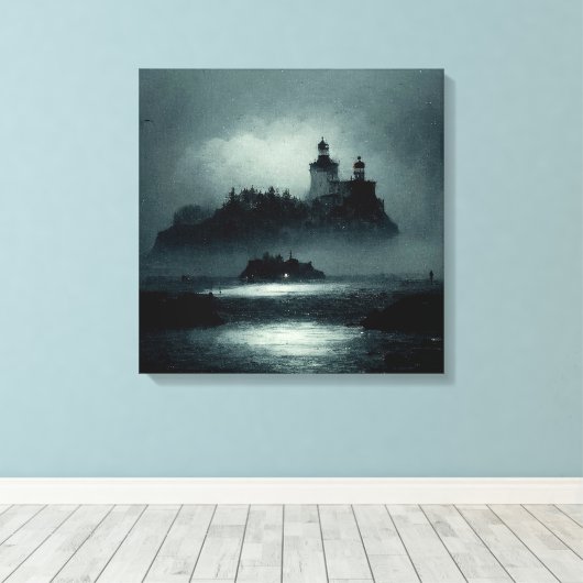 Fantasy Island Lighthouse Misty Foggy Dark Night Canvas Afdruk (Insitu (Houten vloer))