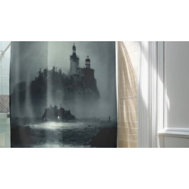 Fantasy Island Lighthouse Misty Foggy Dark Night Douchegordijn