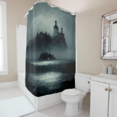 Fantasy Island Lighthouse Misty Foggy Dark Night Douchegordijn (In situ)