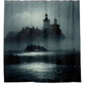 Fantasy Island Lighthouse Misty Foggy Dark Night Douchegordijn (Voorkant)